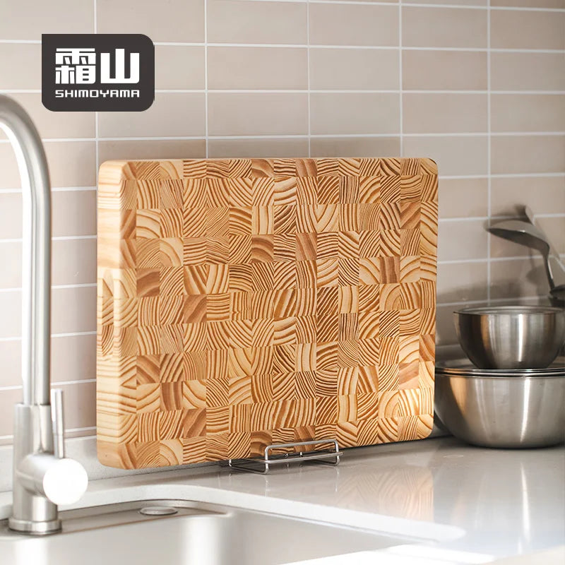 Vertical view of Shimoyama pine block construction chopping board
