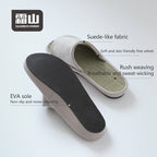 Suede-like upper, rush weave insole and EVA sole