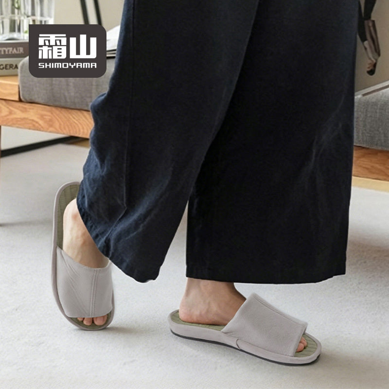 Shimoyama Rush Slippers off-white worn indoors