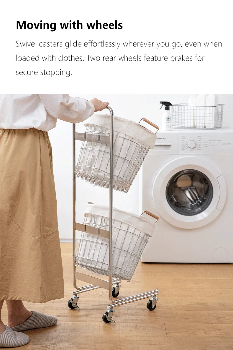 Shimoyama Stainless Steel 2 Tier Laundry Basket Trolley