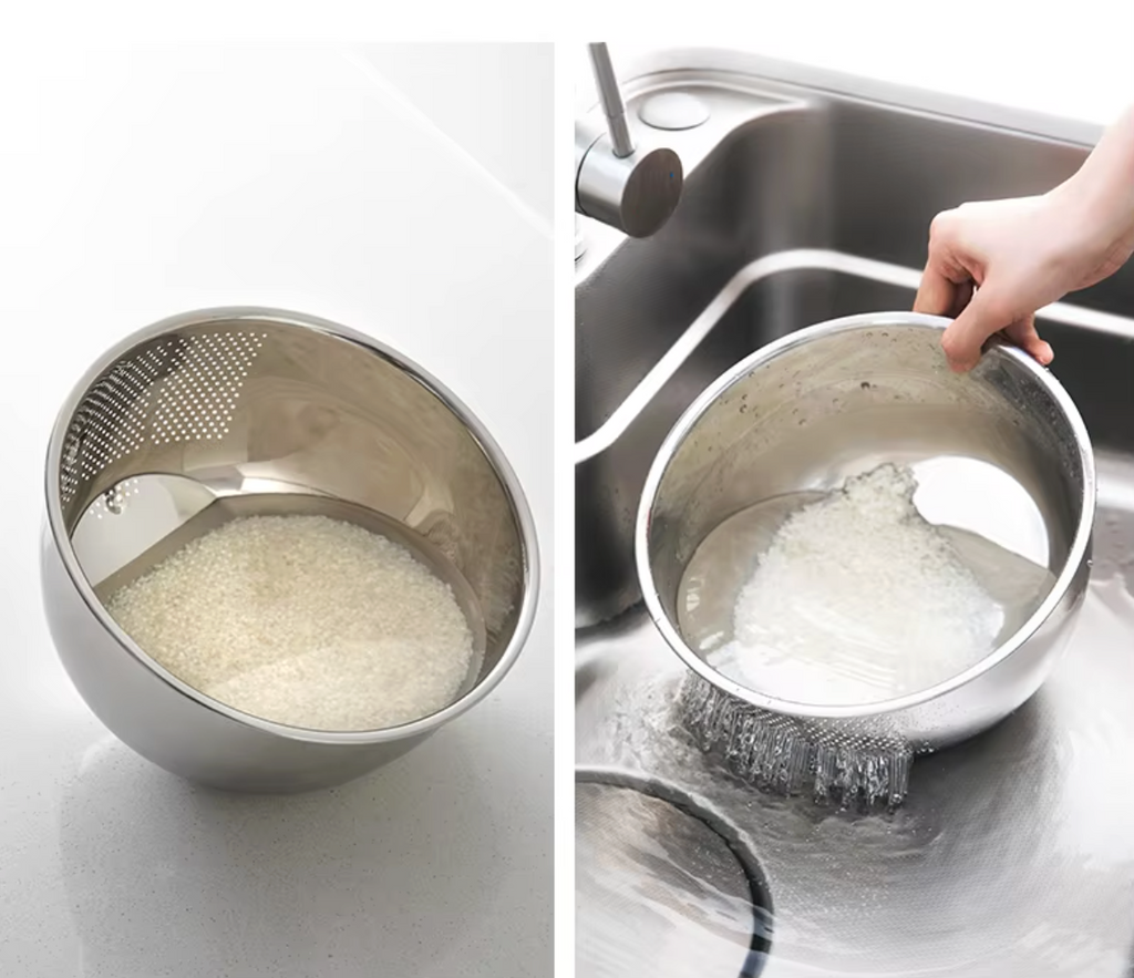 Shimoyama Stainless Steel 3 Way Rice Strainer Washing Bowl 22.5cm