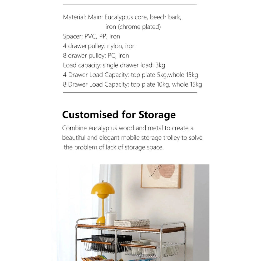 Shimoyama Walnut 4-Tier Rolling Kitchen Trolley
