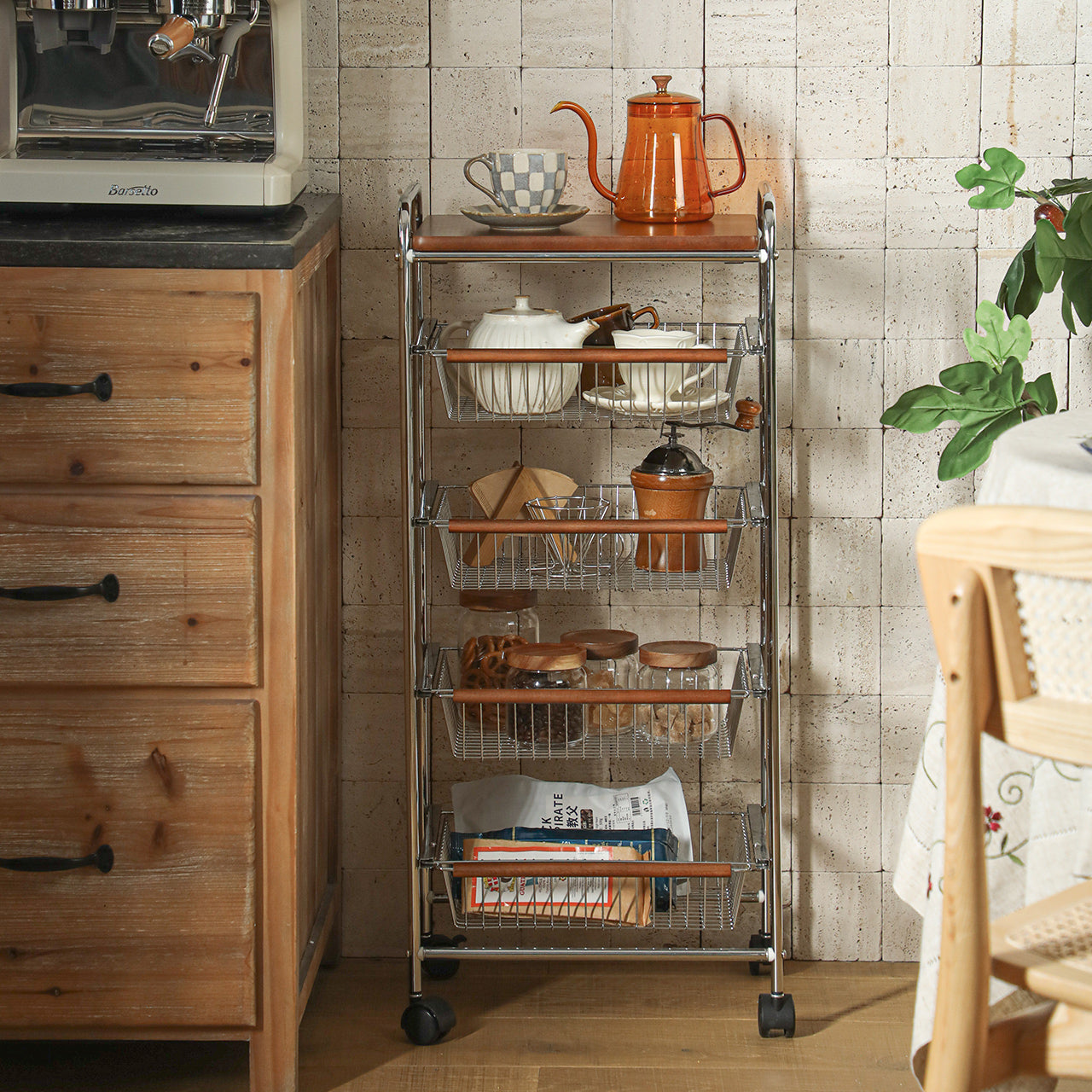 Shimoyama Walnut 4-Tier Rolling Kitchen Trolley