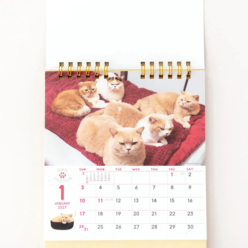 January page of the Life with Cats Mikan and Jiro Desk Calendar 2027