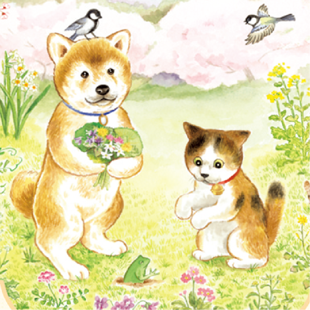Illustration of Shibawanko the Shiba dog and Mikenyanko the calico cat in a spring meadow