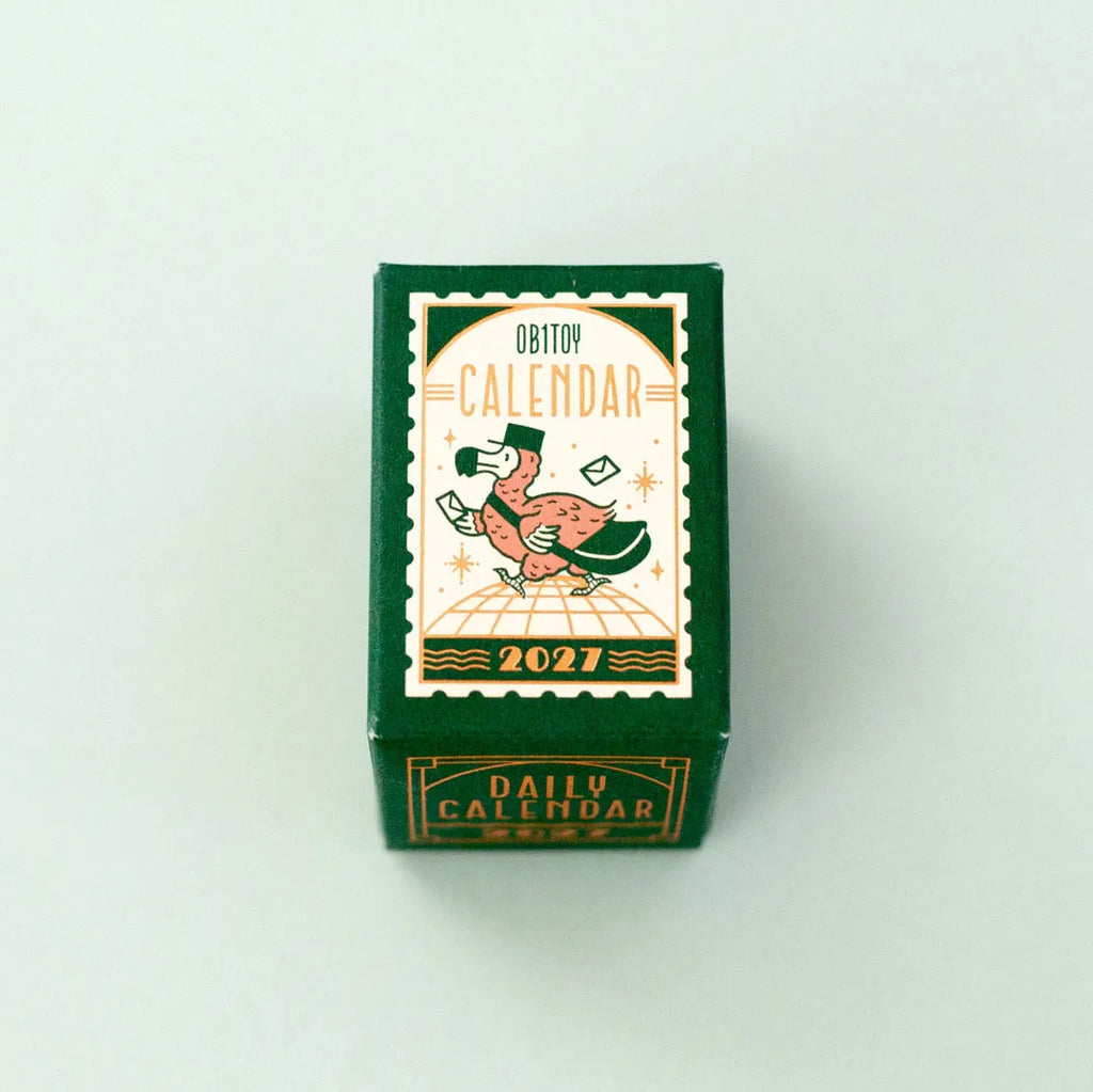 ob1toy Mini Daily Calendar 2027 in its green foil-stamped box