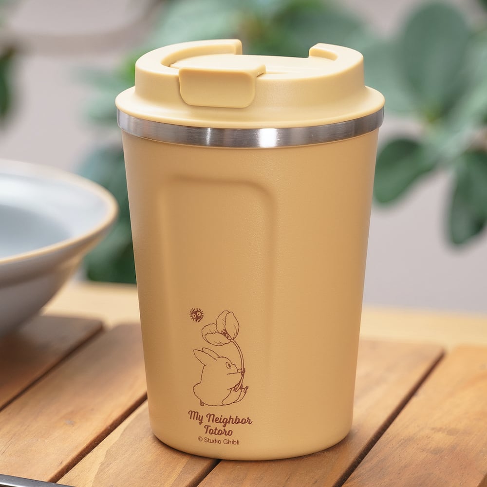 Tan insulated travel mug with rabbit and sun design from My Neighbor Totoro