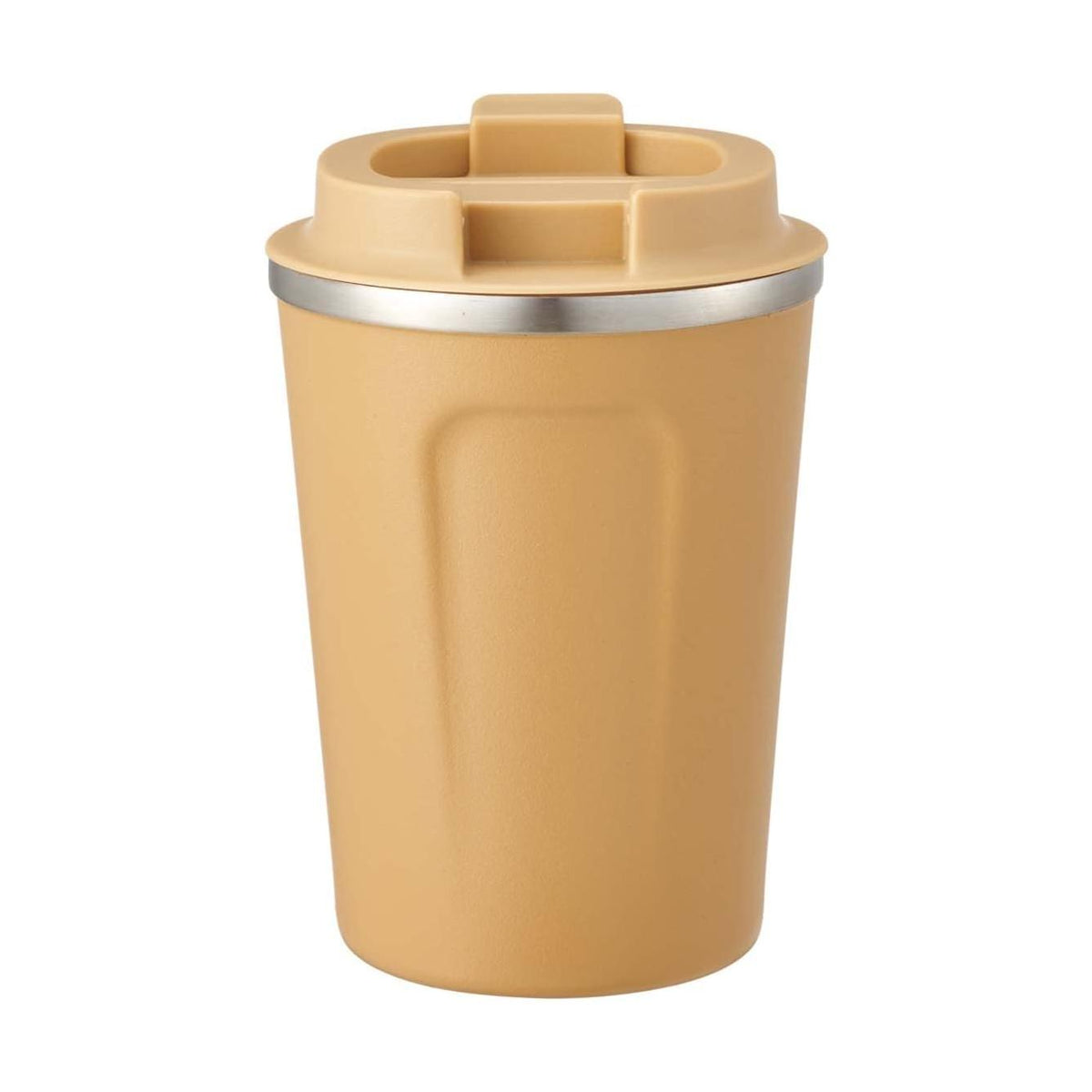 Front view of tan Skater vacuum insulated travel tumbler with flip-flap lid