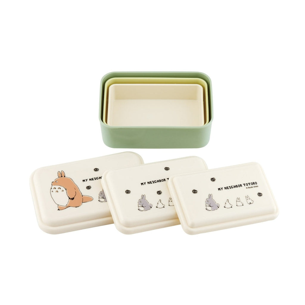 Set of 3 dome-lidded Totoro bento boxes in graduated mint green, pale yellow, and cream colors