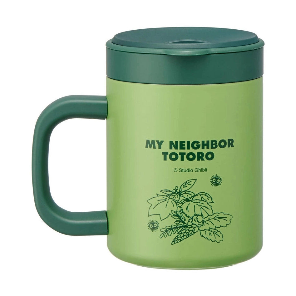 Skater My Neighbor Totoro light green travel mug with soot sprites and leaf design