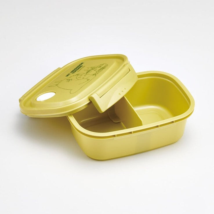 Open mustard yellow My Neighbor Totoro bento box showing interior divider and matte finish