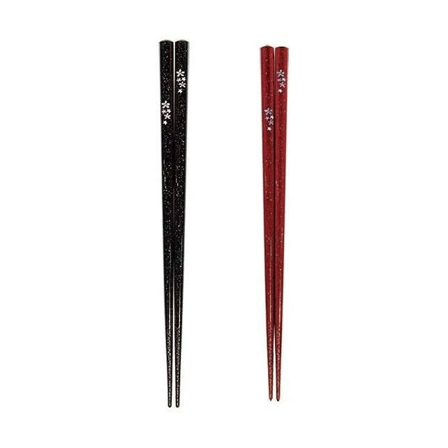 Black and red glitter cherry blossom chopsticks with silver motifs