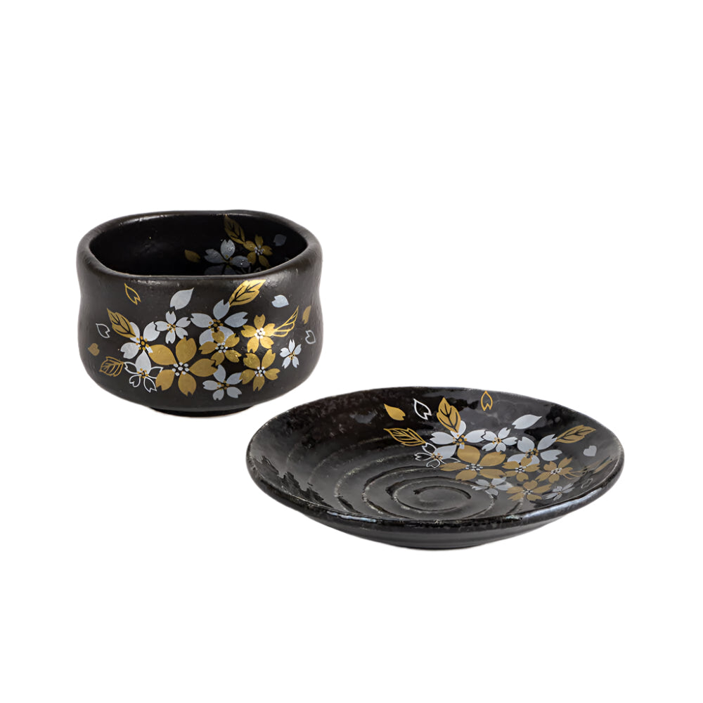 Tenmoku Gold Sakura Matcha Bowl & Plate Set