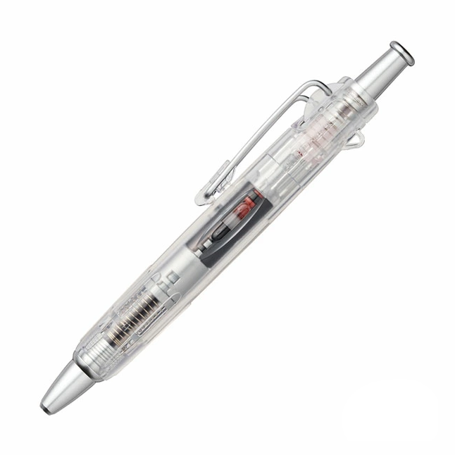 Transparent Tombow AirPress ballpoint pen with silver accents and red ink