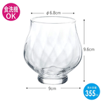 Technical diagram of Toyo Sasaki 355ml stemless wine glass dimensions