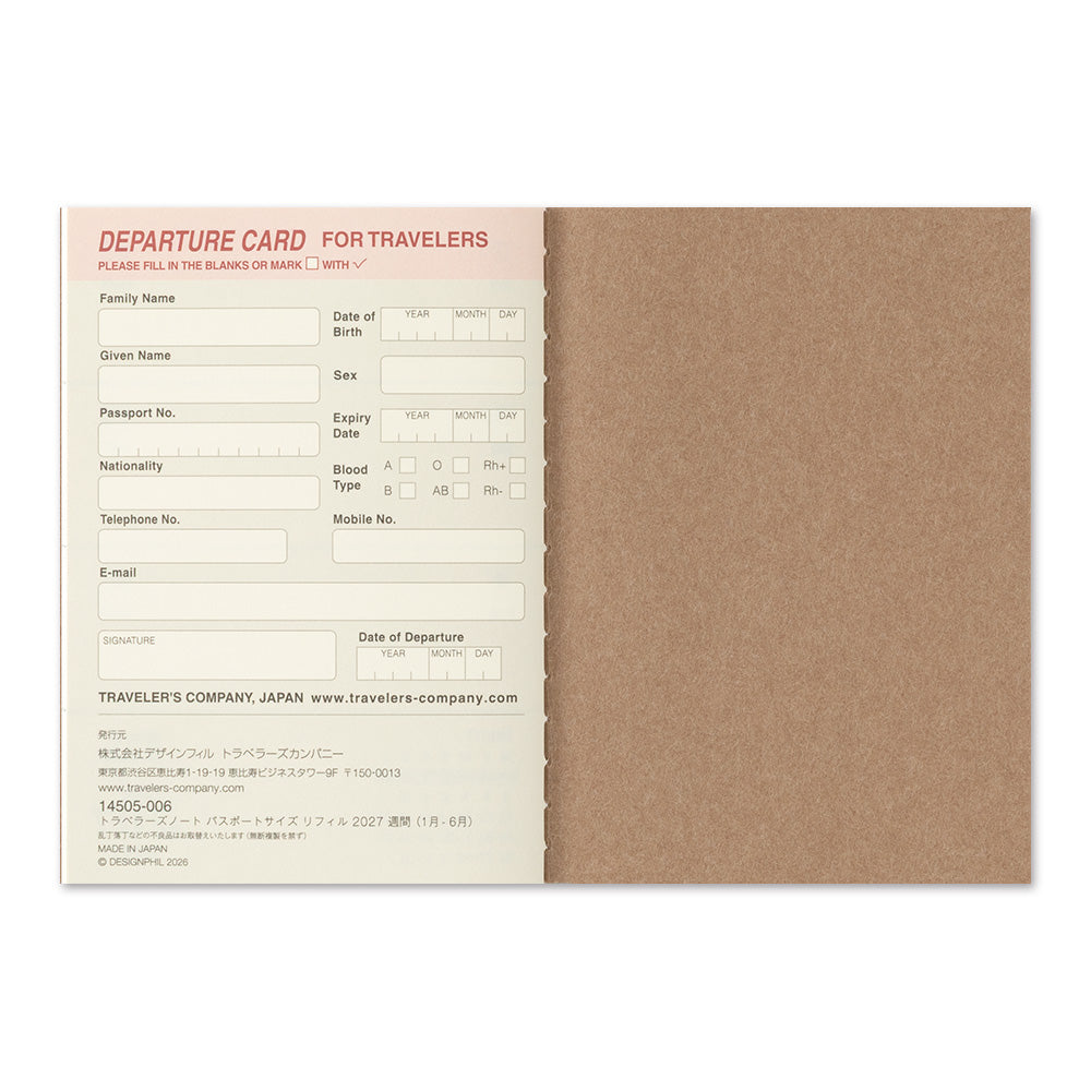 Traveler's Company Passport Notebook 2027 Diary Refill - Weekly