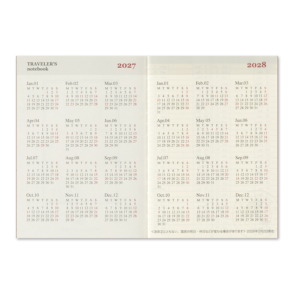 Traveler's Company Passport Notebook 2027 Diary Refill - Weekly