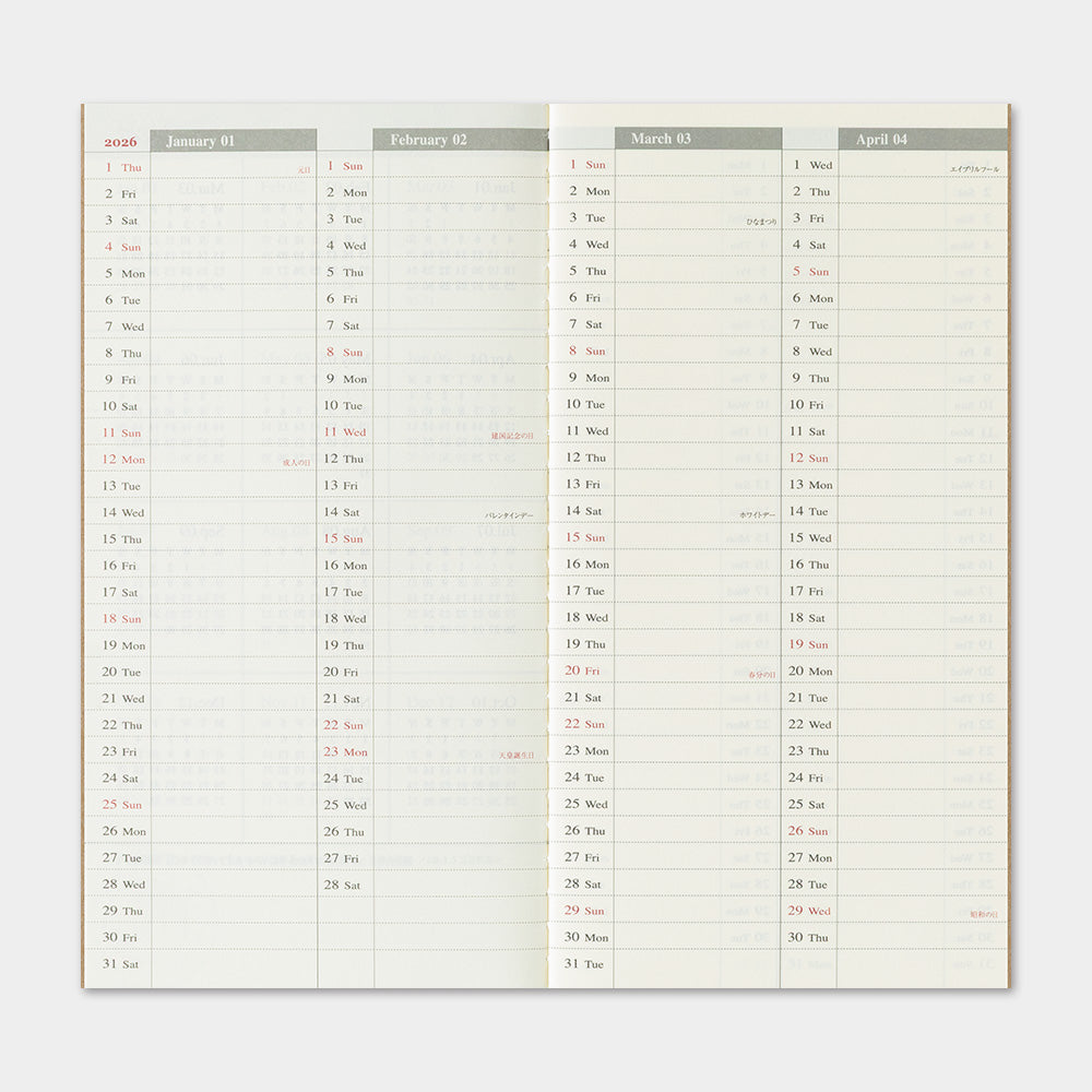 Traveler's Company Regular Notebook 2026 Diary Refill - Weekly Vertical