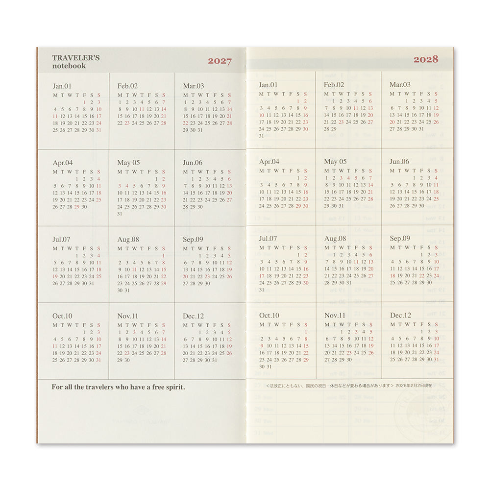 Traveler's Company Regular Notebook 2027 Diary Refill - Weekly Vertical