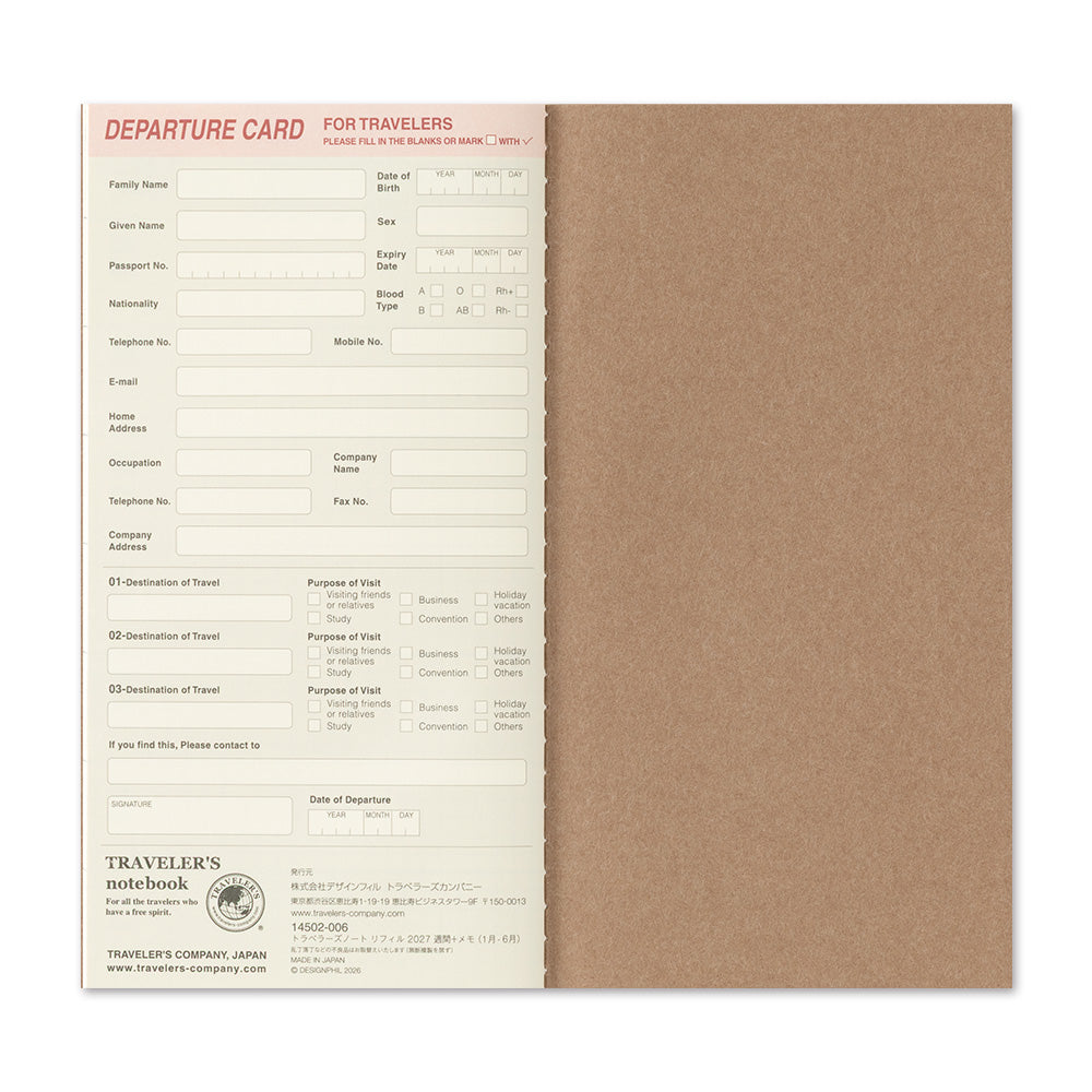 Traveler's Company Regular Notebook 2027 Diary Refill - Weekly+Memo