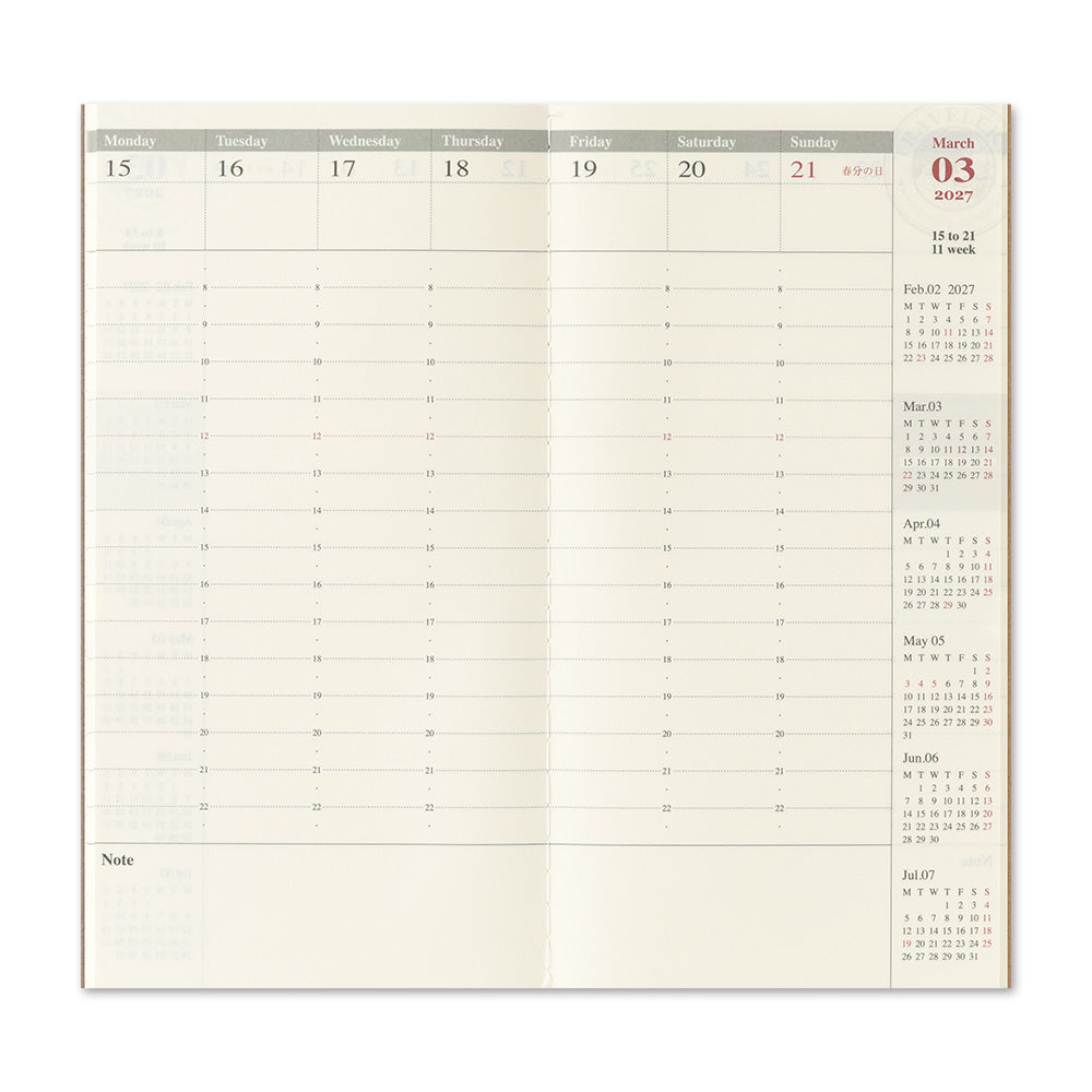 Traveler's Company Regular Notebook 2027 Diary Refill - Weekly Vertical
