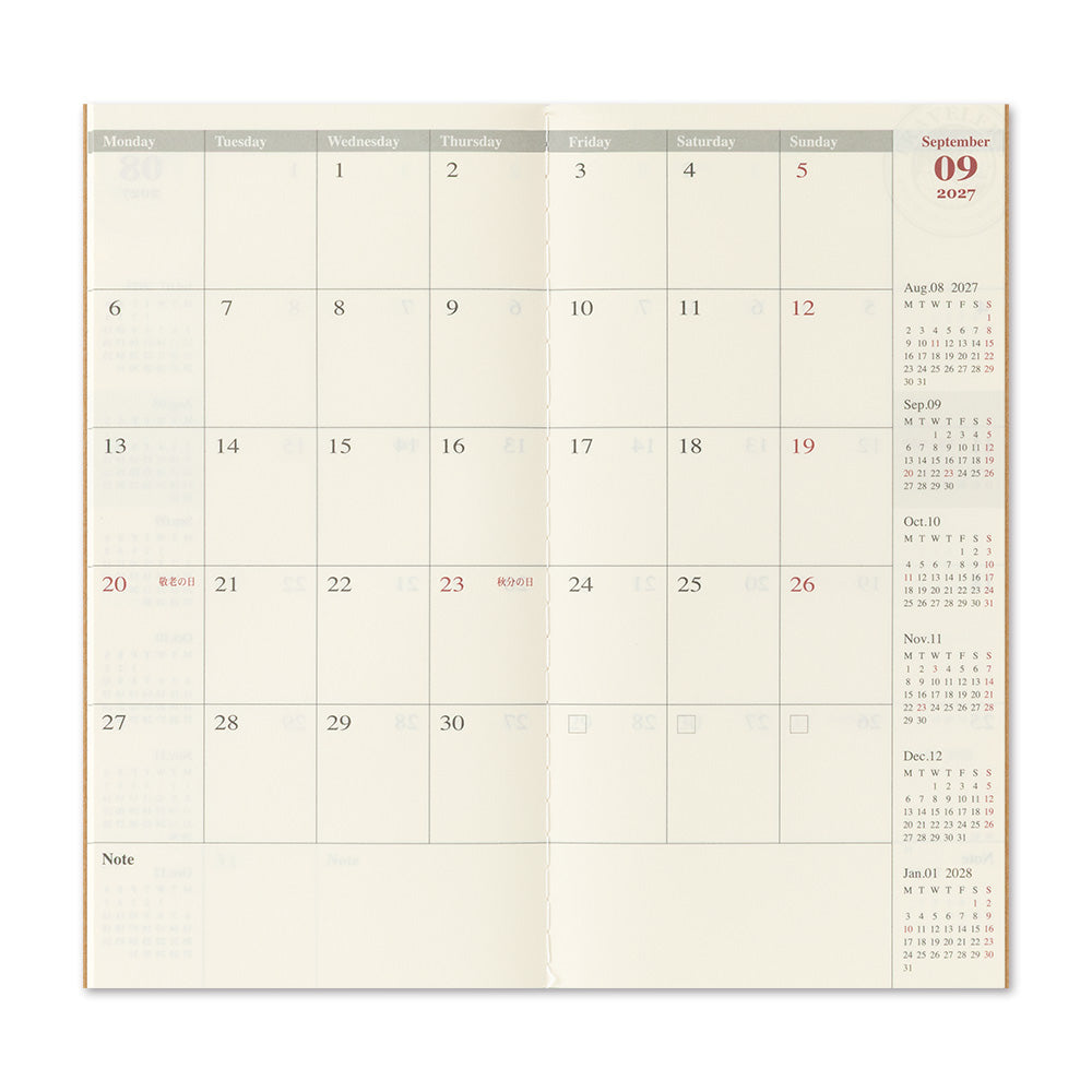 Traveler's Company Regular Notebook 2027 Diary Refill - Monthly