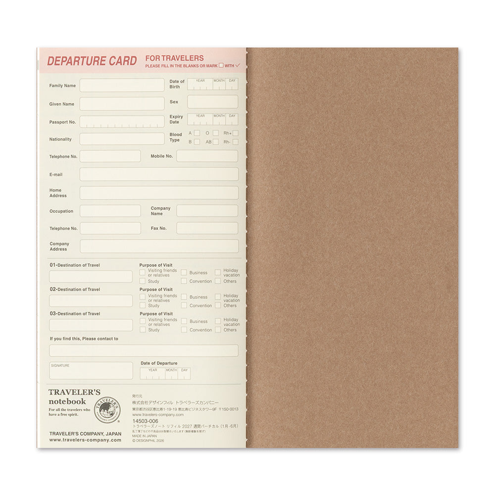 Traveler's Company Regular Notebook 2027 Diary Refill - Weekly Vertical