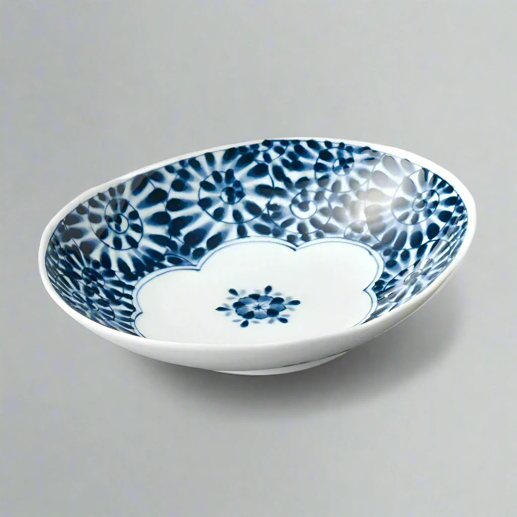 White-Navy Arabesque Oval Bowl