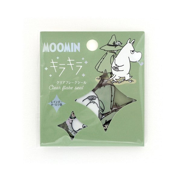 Packaged Moomin clear flake stickers on sage green backing card