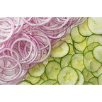 Thinly sliced red onion and cucumber cut with the Yoshikawa slicing plate