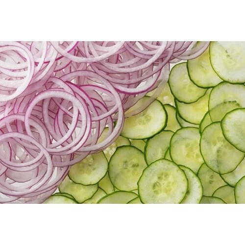 Thinly sliced red onion and cucumber cut with the Yoshikawa slicing plate