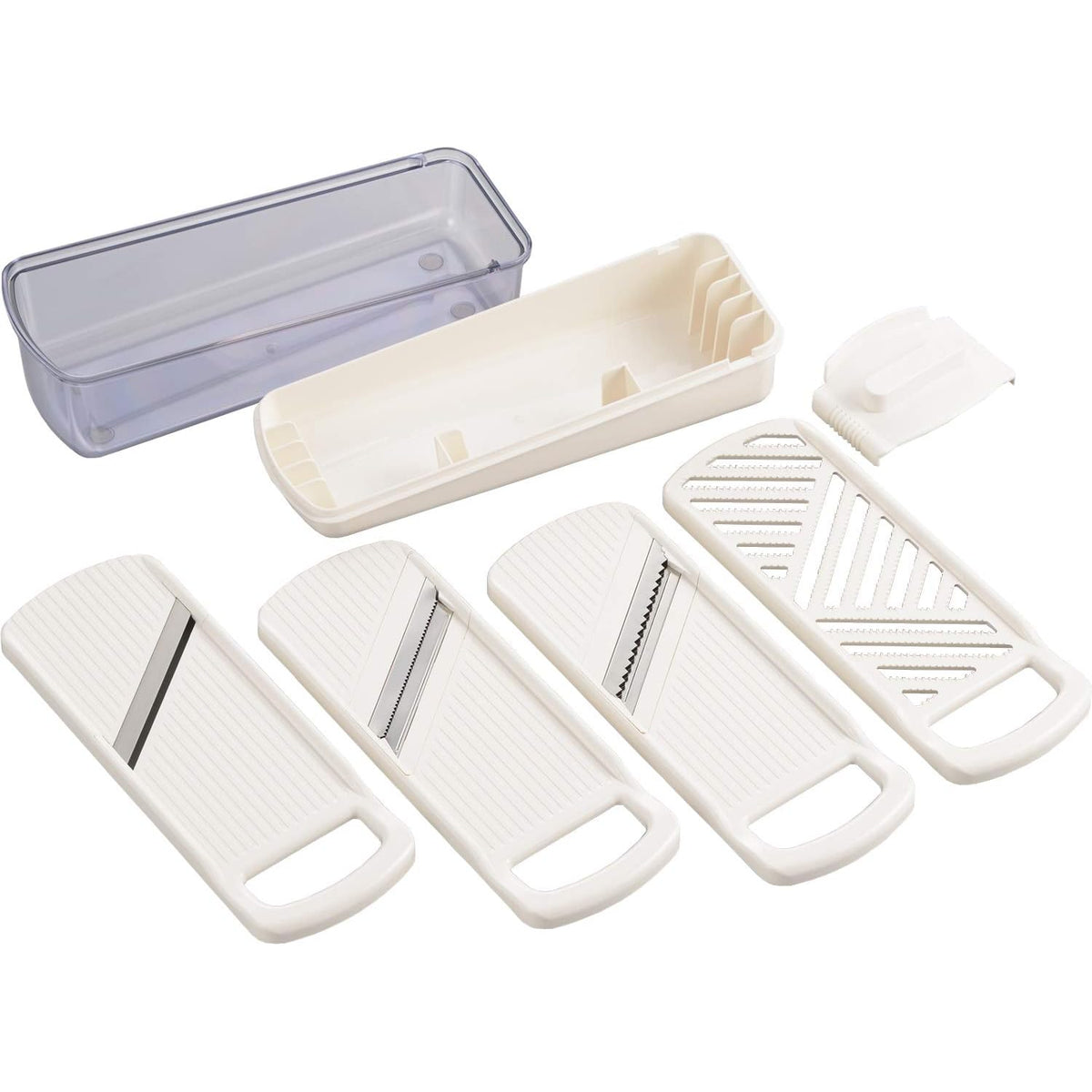 Yoshikawa Daily Slicer set - four slicing plates, grater lid, safety holder and storage case