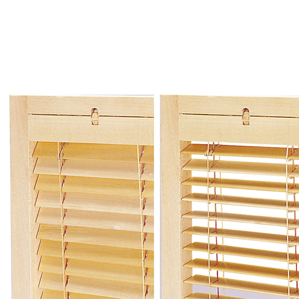 Close-up of adjustable blind-style slat mechanism on wood partition