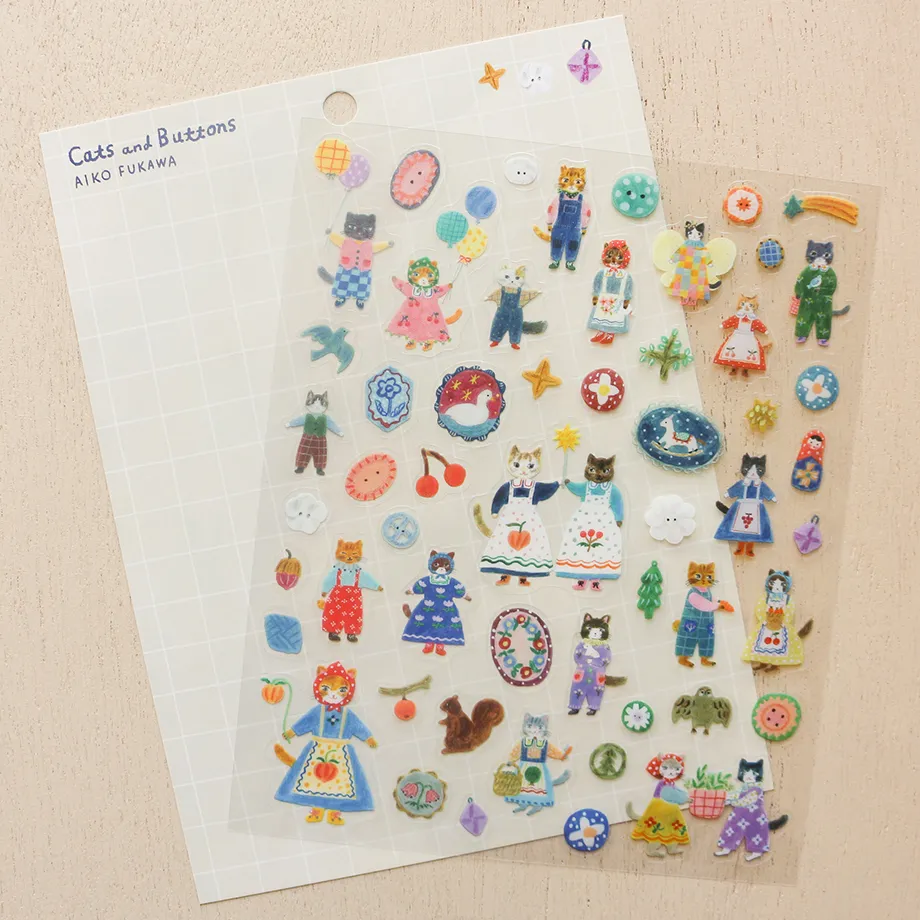 cozyca Aiko Fukawa Clear Sticker Sheet Cats and Buttons