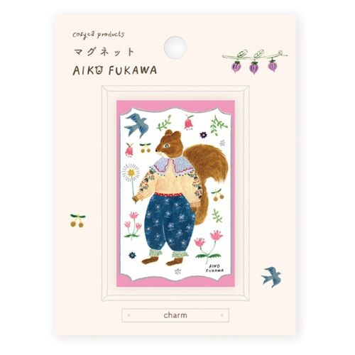 cozyca Aiko Fukawa charm magnet featuring squirrel in patterned clothing