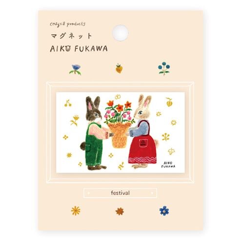 Aiko Fukawa square fridge magnet with rabbits and flowers illustration
