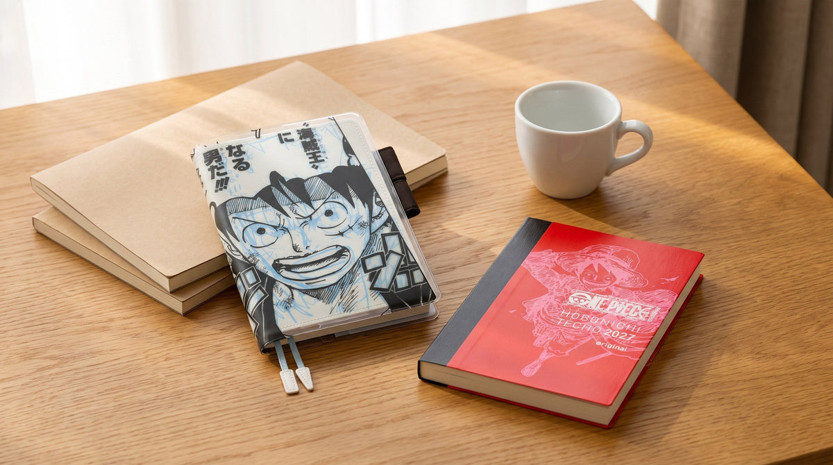 Hobonichi Techo A6 ONE PIECE magazine cover and the red One Piece Edition book on an oak desk in morning light