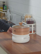 Shimoyama Dual-handle Enamel Pot with Glass Lid 22cm & Bamboo Steamer 21cm Set