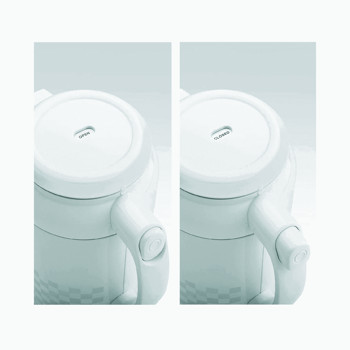 Zojirushi bottle lid open and closed positions showing handle mechanism