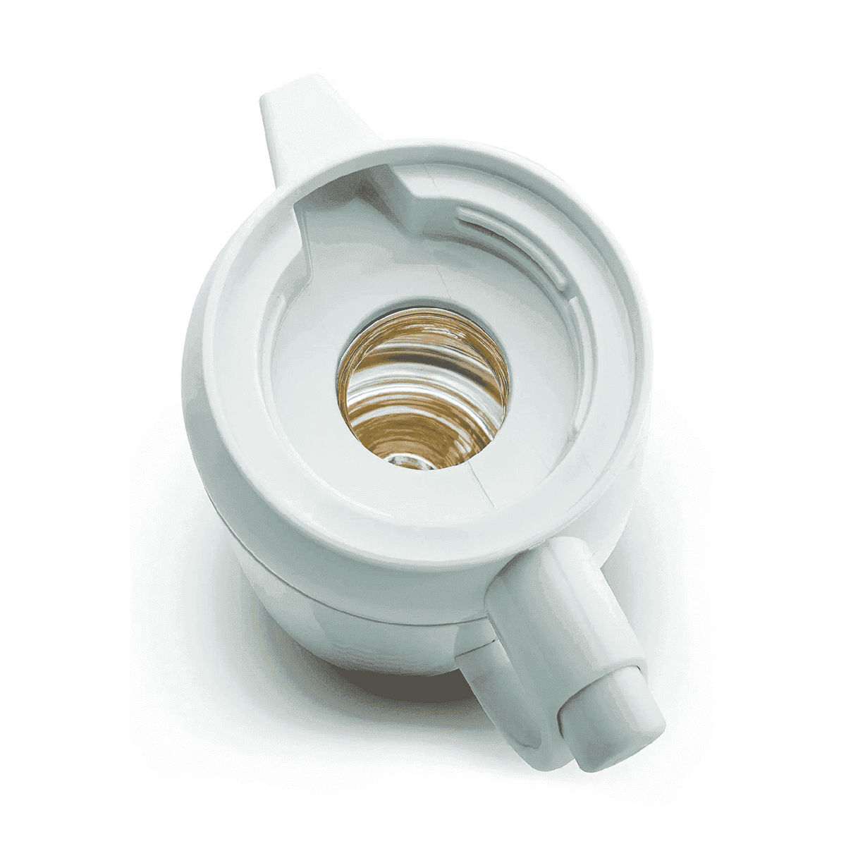 White Zojirushi insulated bottle lid with gold interior and spout
