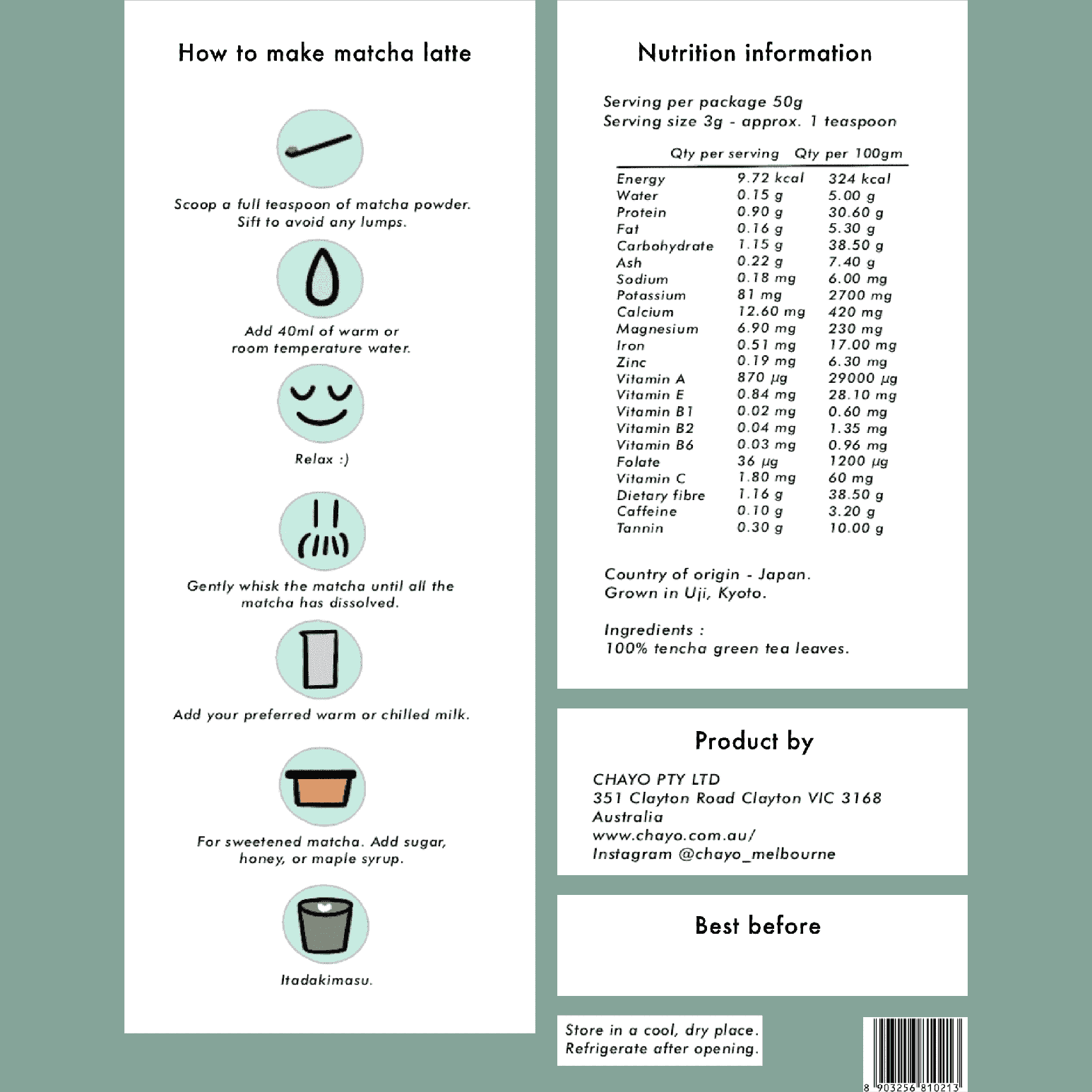 CHAYO premium matcha powder　チャヨウのお抹茶 80g