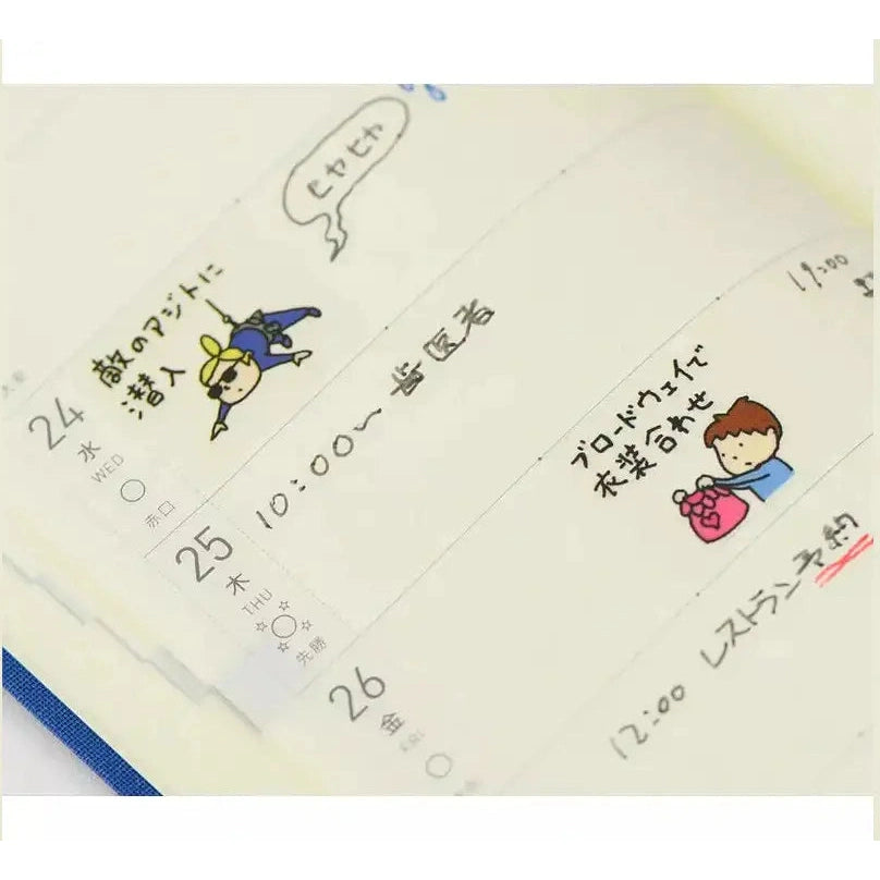 Open Hobonichi Techo planner decorated with colorful cartoon stickers for daily use