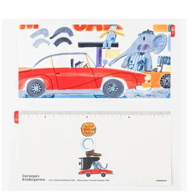Hobonichi Weeks Pencil Board with Gurunpa's Kindergarten blue elephant and vintage car illustration