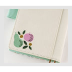 Close-up of Hobonichi Techo A6 planner corner detail showing stitched canvas edge and botanical fruit motif