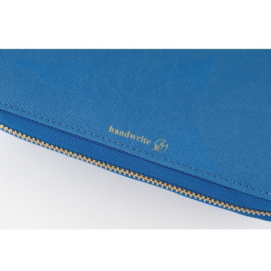 Blue Mare Hobonichi cover close-up with gold zipper and textured polyurethane finish