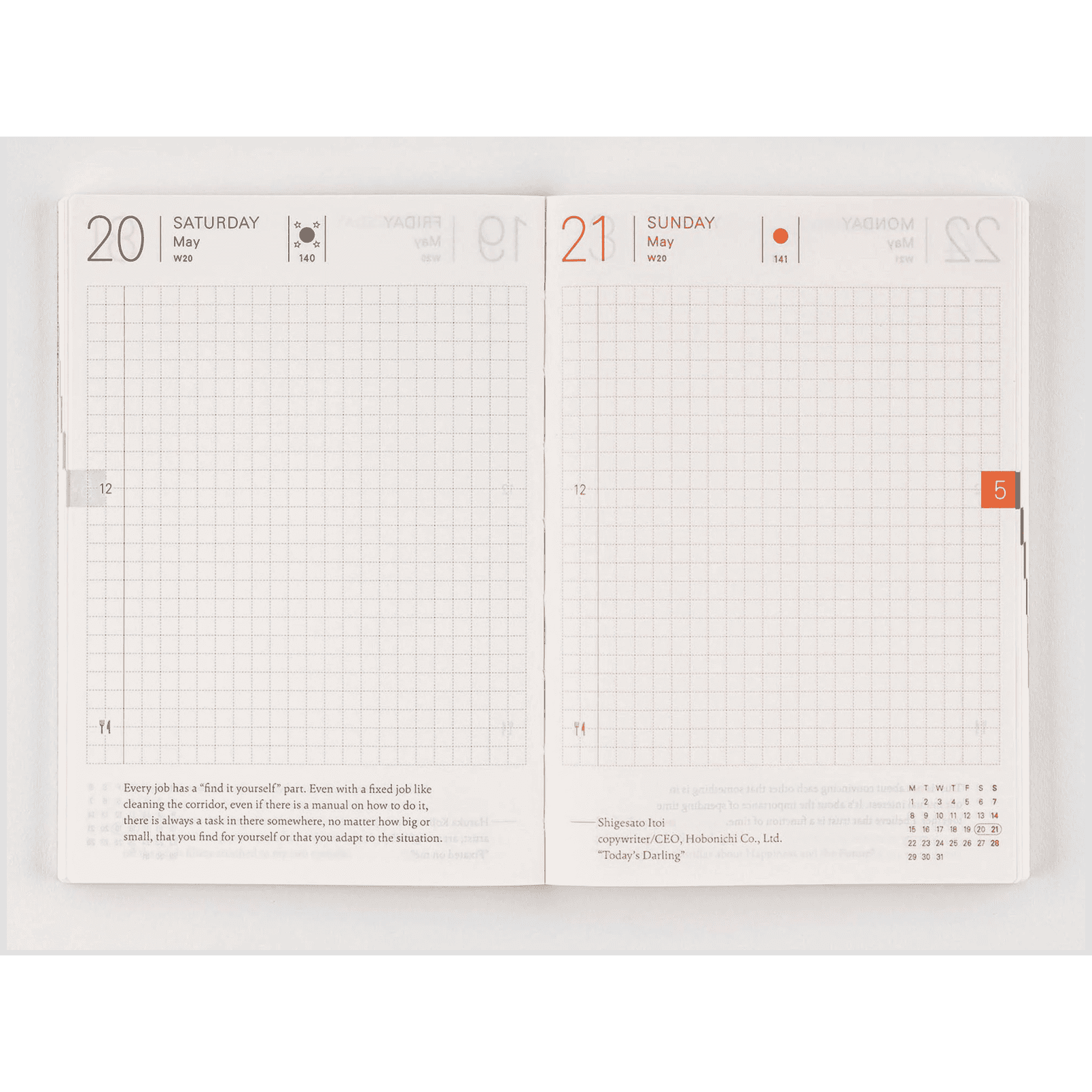 Hobonichi Techo A6 planner open showing grid-lined Tomoe River paper pages for May 20 and 21