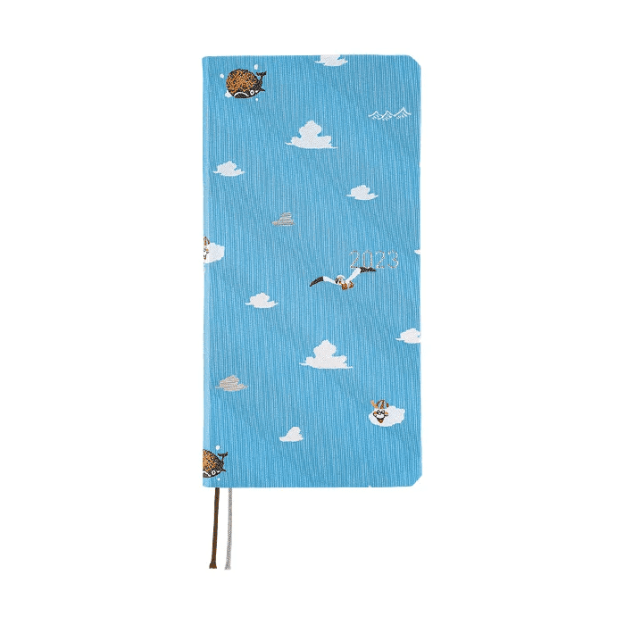 Front view of blue cloud-patterned One Piece diary with silver year print