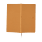 Open tan Hobonichi Techo 2023 showing front and back covers with dual ribbons