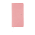 Pink Hobonichi Techo 2023 weekly planner with silver embossed year and ribbons