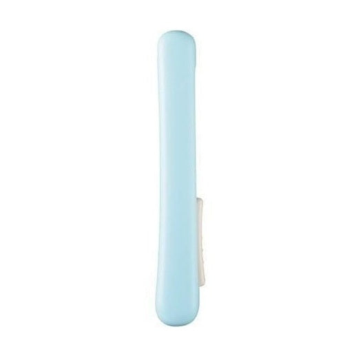Closed Kokuyo Saxa Poche Aqua scissors showing smooth plastic handle and slide latch
